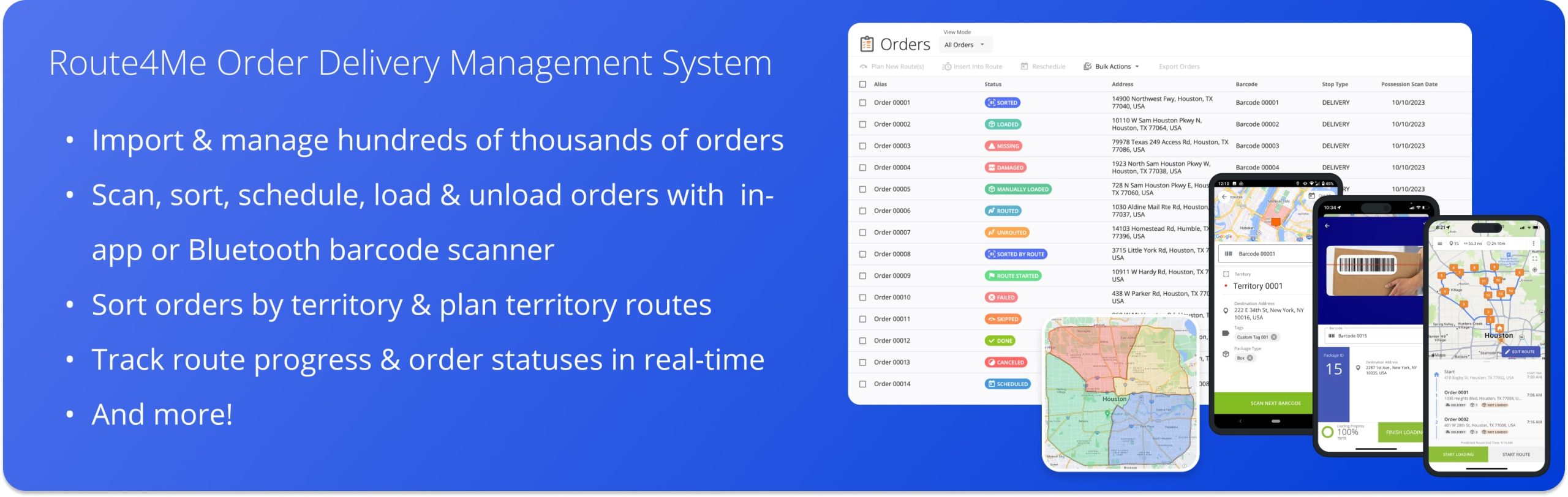 Route4Me Delivery Management System: Import orders from CRM or other systems, scan and sort orders, insert orders into last mile routes, deliver orders, and more.