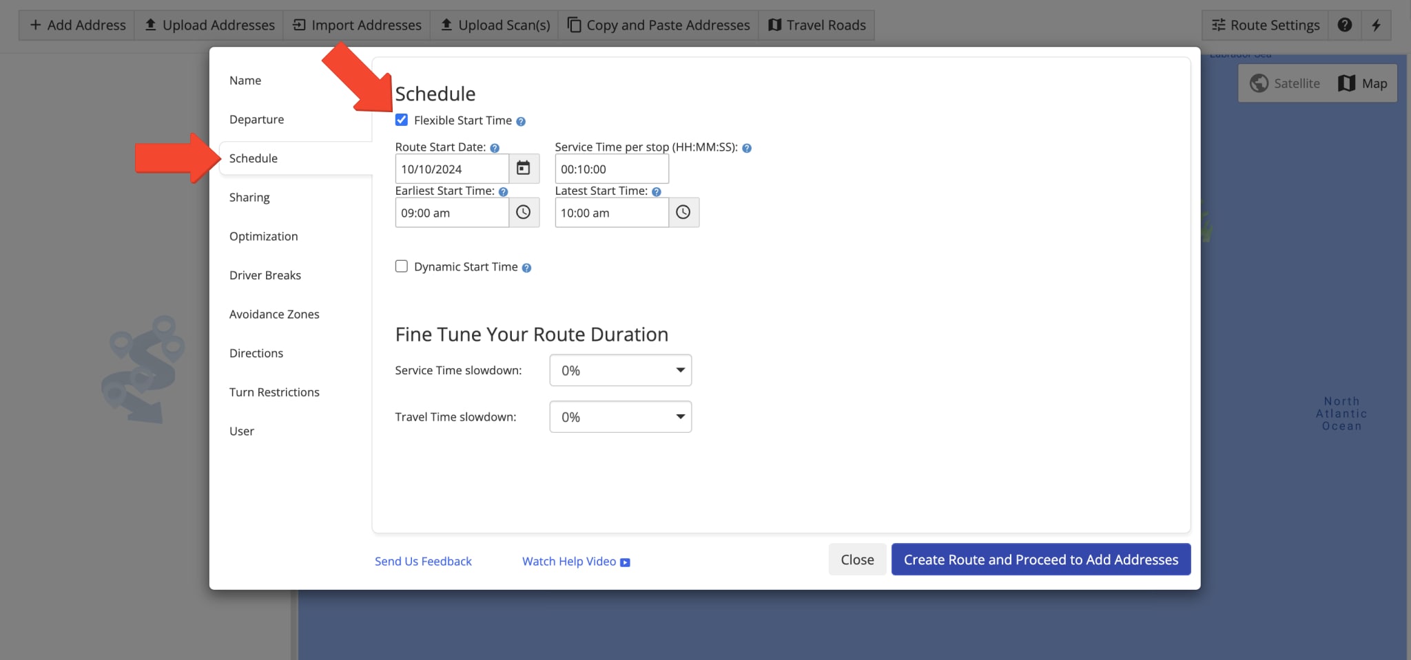 Setting up Flexible Start Time to automatically schedule routes for the most optimal start time based on Time Windows.