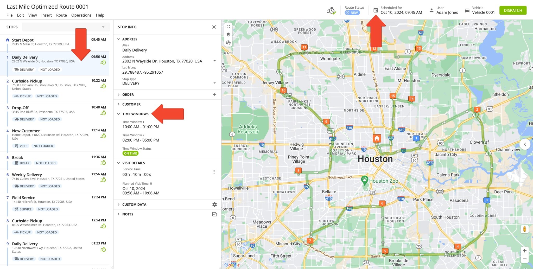 Planned route with Flexible Start Time starts at the most optimal time based on the Time Windows on route stops.