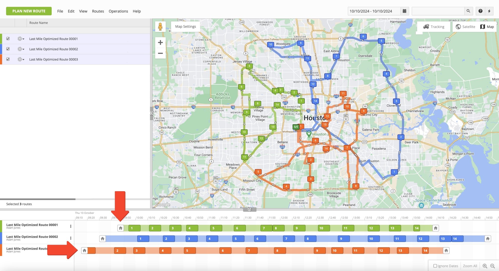 Multiple Routes Map shows scheduled and optimized routes with Flexible Start Time that start at the most optimal time, accounting for stop Time Windows.