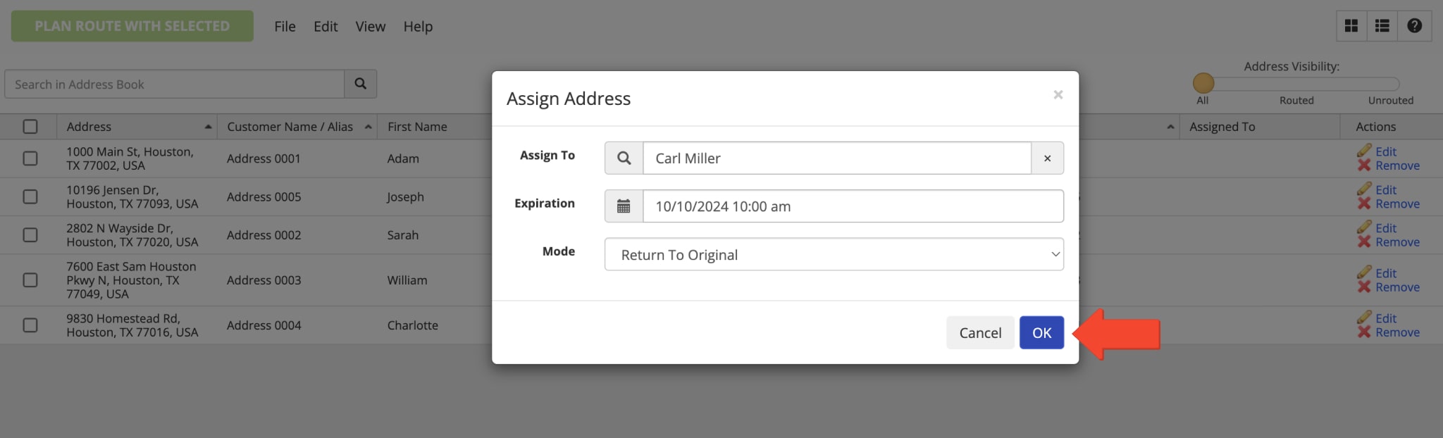 Assign addresses to team members and users, select address permissions expiration date, and owner details. 