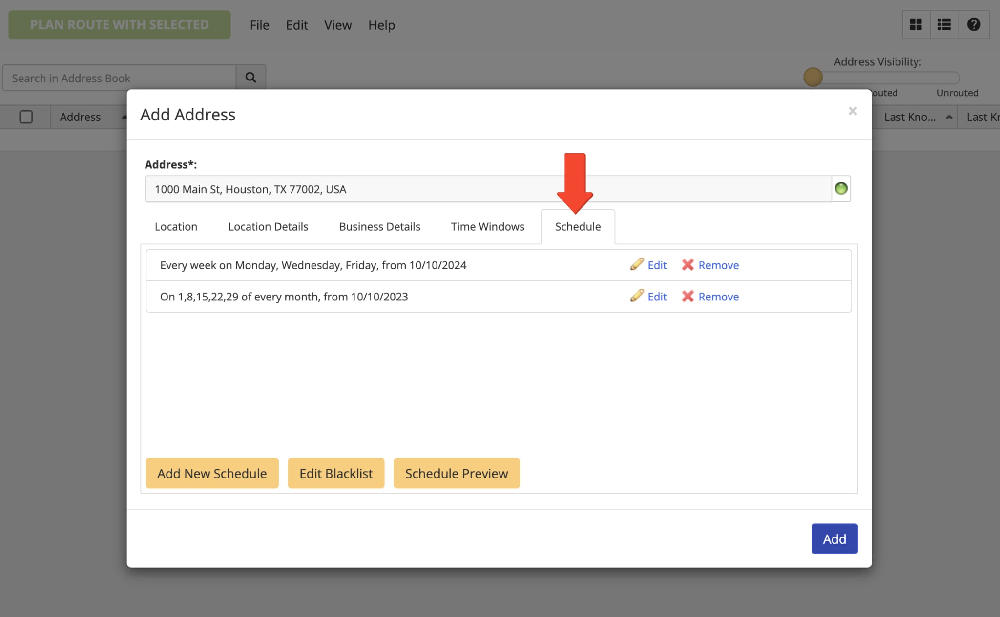 In the address "Schedule" tab, you can add a custom recurring schedule for visiting the address.