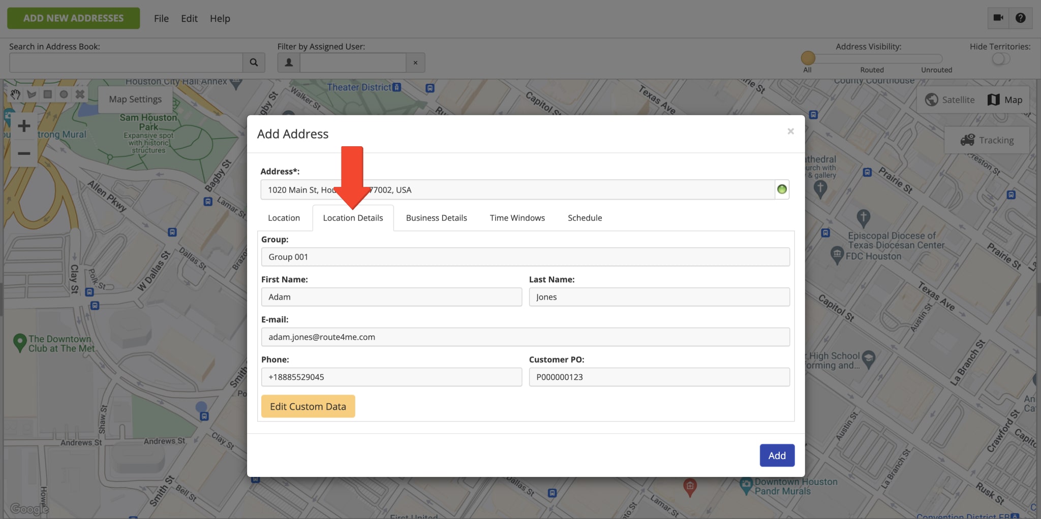 Use the address "Location Details" tab to add customer contact details, such as first and last name, phone number, email address, and more.
