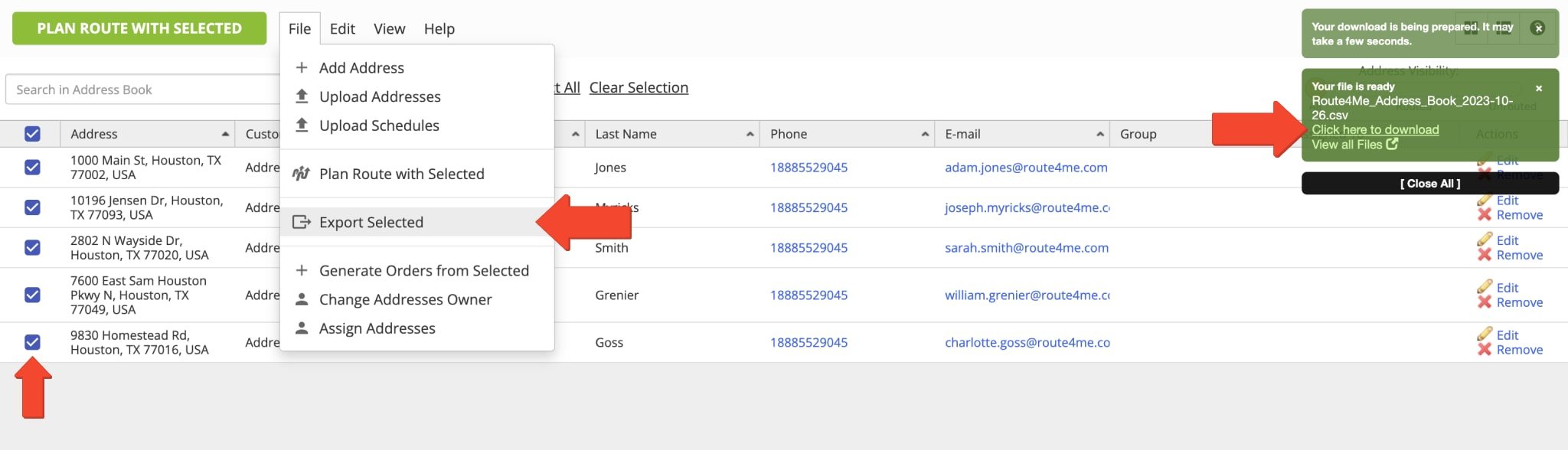 Export and download addresses with order and customer data from the Address Book List.