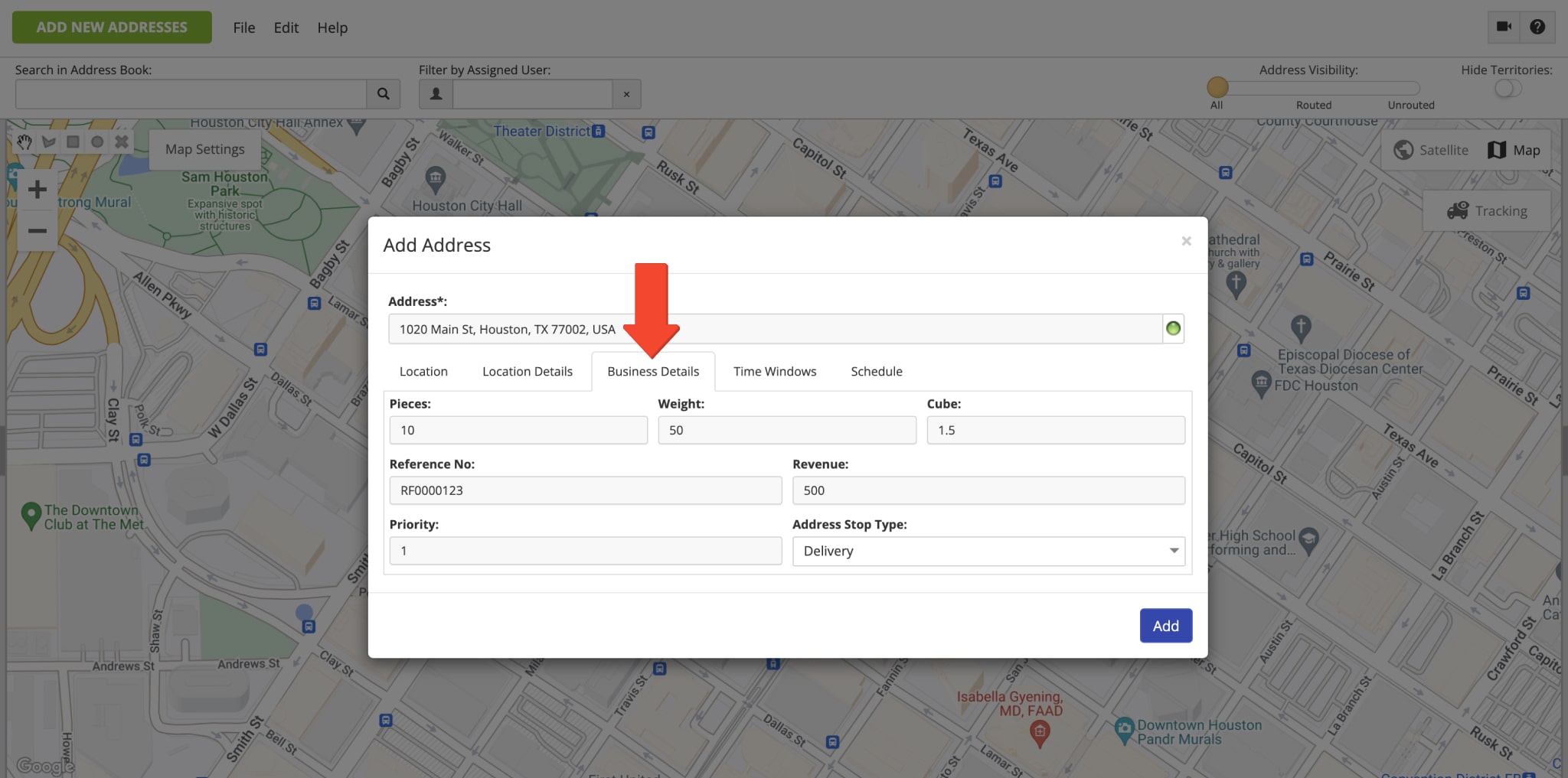 Use the address "Business Details" tab to add order information and parameters and route optimization constraints for vehicle capacity.