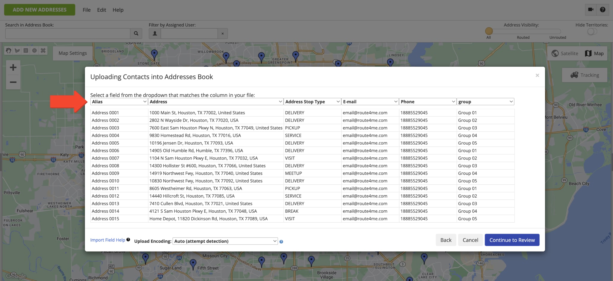 Verify the uploaded spreadsheet with addresses and customer data in the Address Book Map.