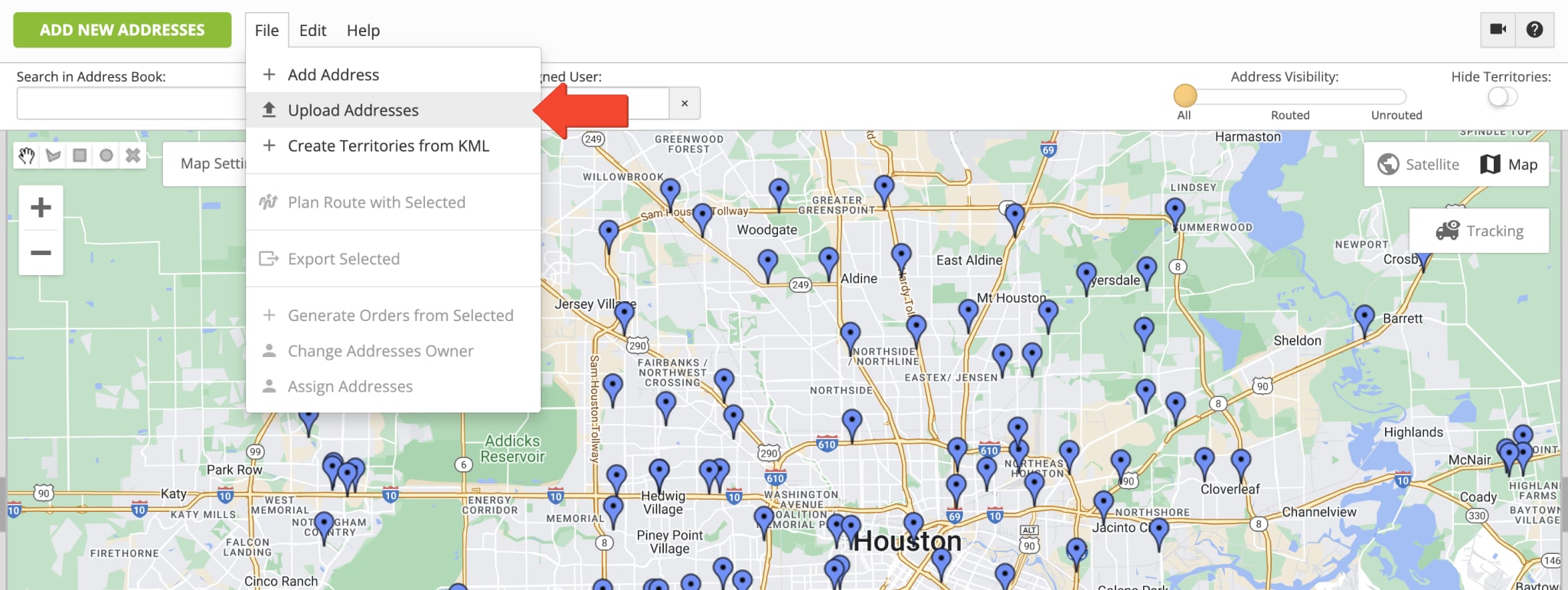 Upload spreadsheets with addresses, orders, and customer information into Route4Me's Synchronized Address Book Map.