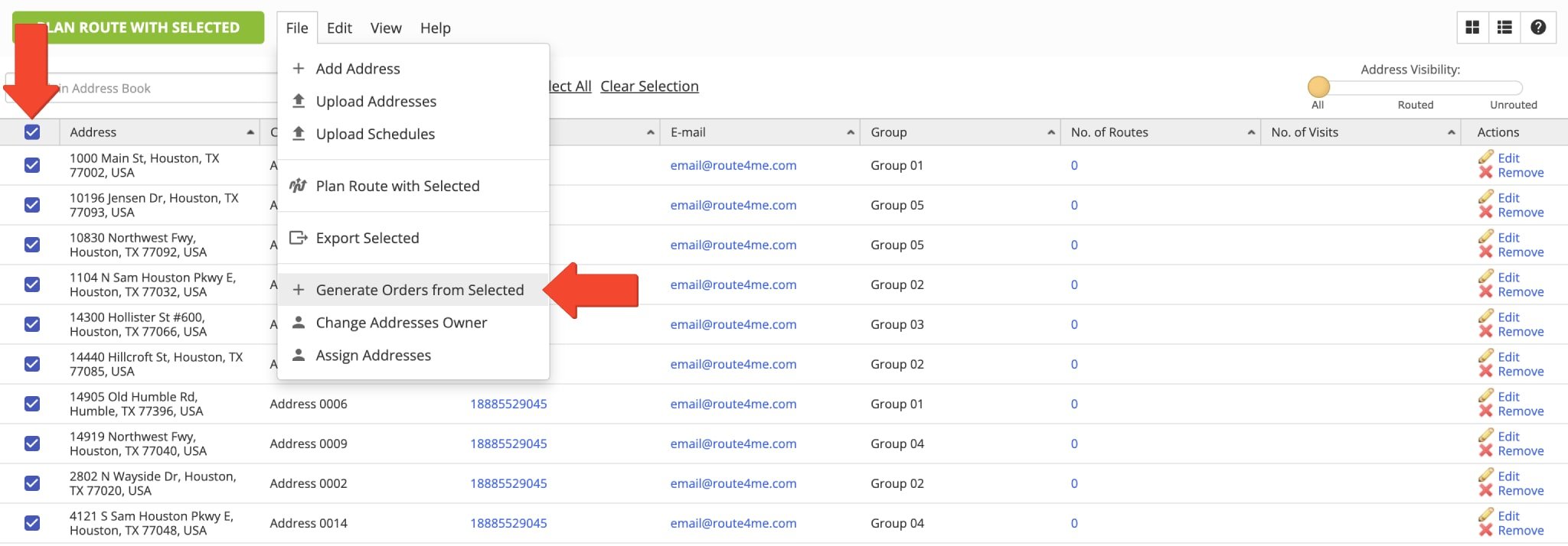 Select addresses in the Address Book List and generate orders.