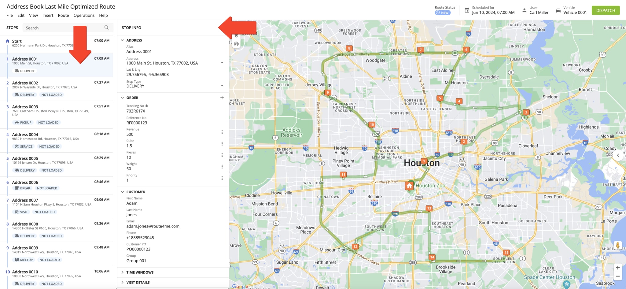 Planned and optimized last mile driver route with Address Book List addresses and customer locations.