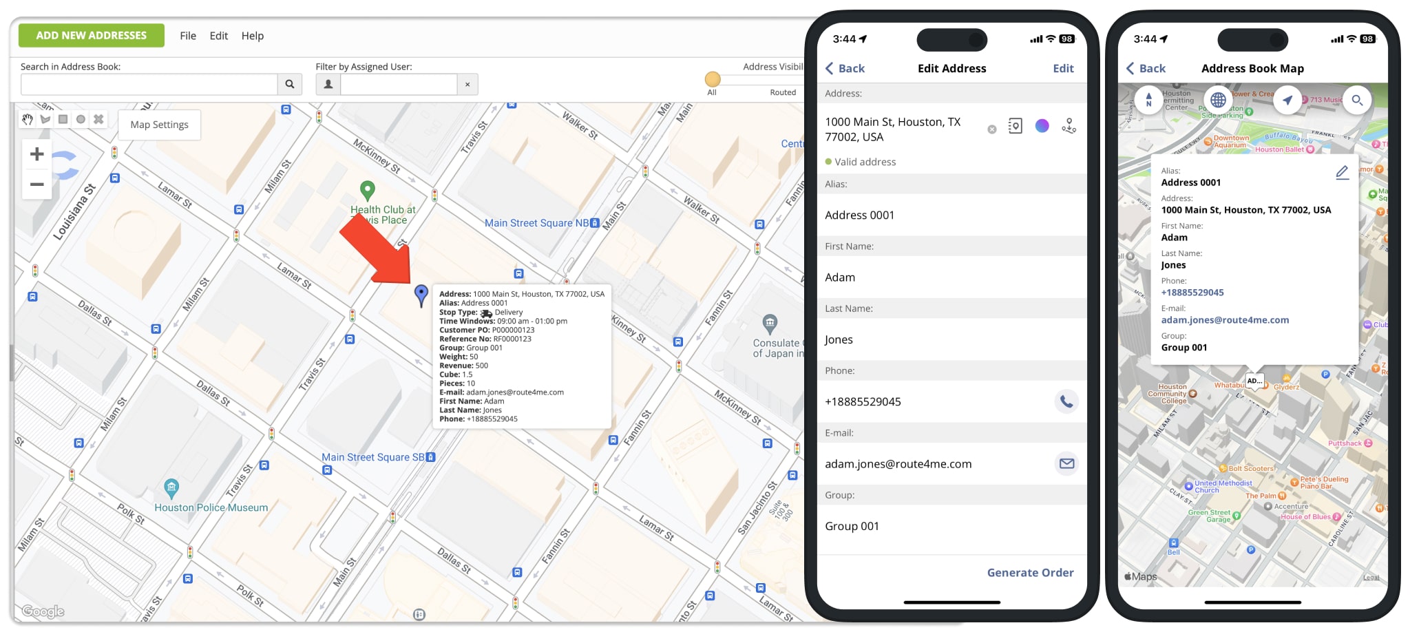 Route4Me's Address Book Map provides real-time address synchronization between the Web Platform and Mobile Driver apps.