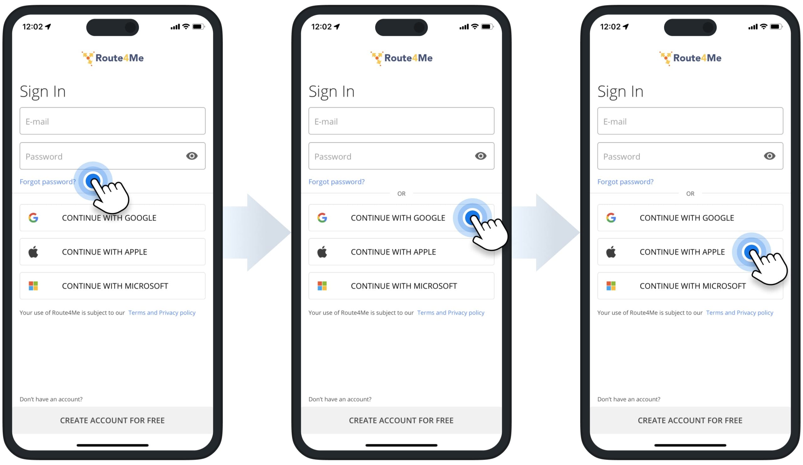 Reset password and sign in on Route4Me's iOS iPhone and iPad Mobile App using email, Google Single Sign-On, Apple ID SSO, or Microsoft Azure SSO.