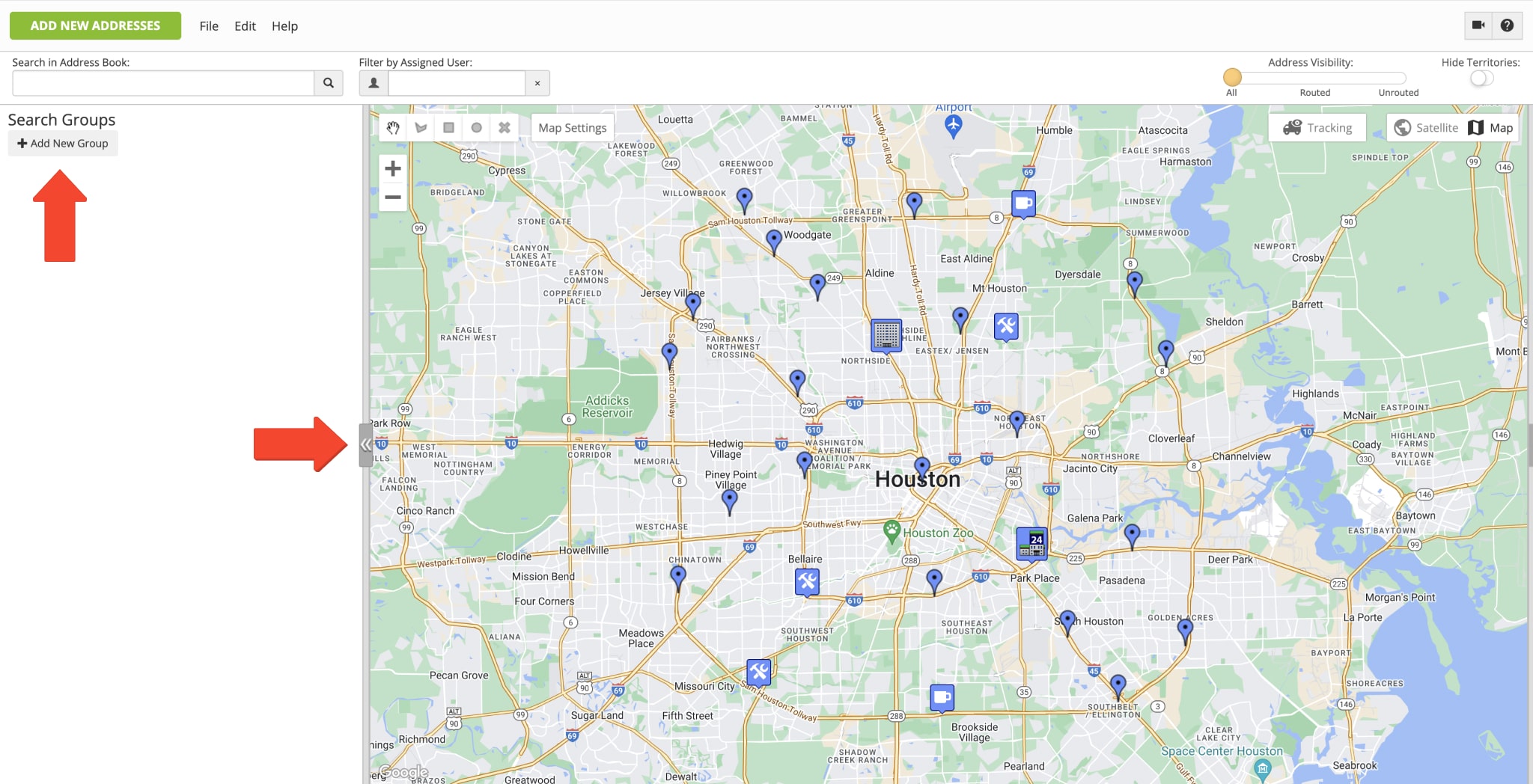Create new Search Groups in the Address Book Map to filter addresses for last mile route planning, export, and more.