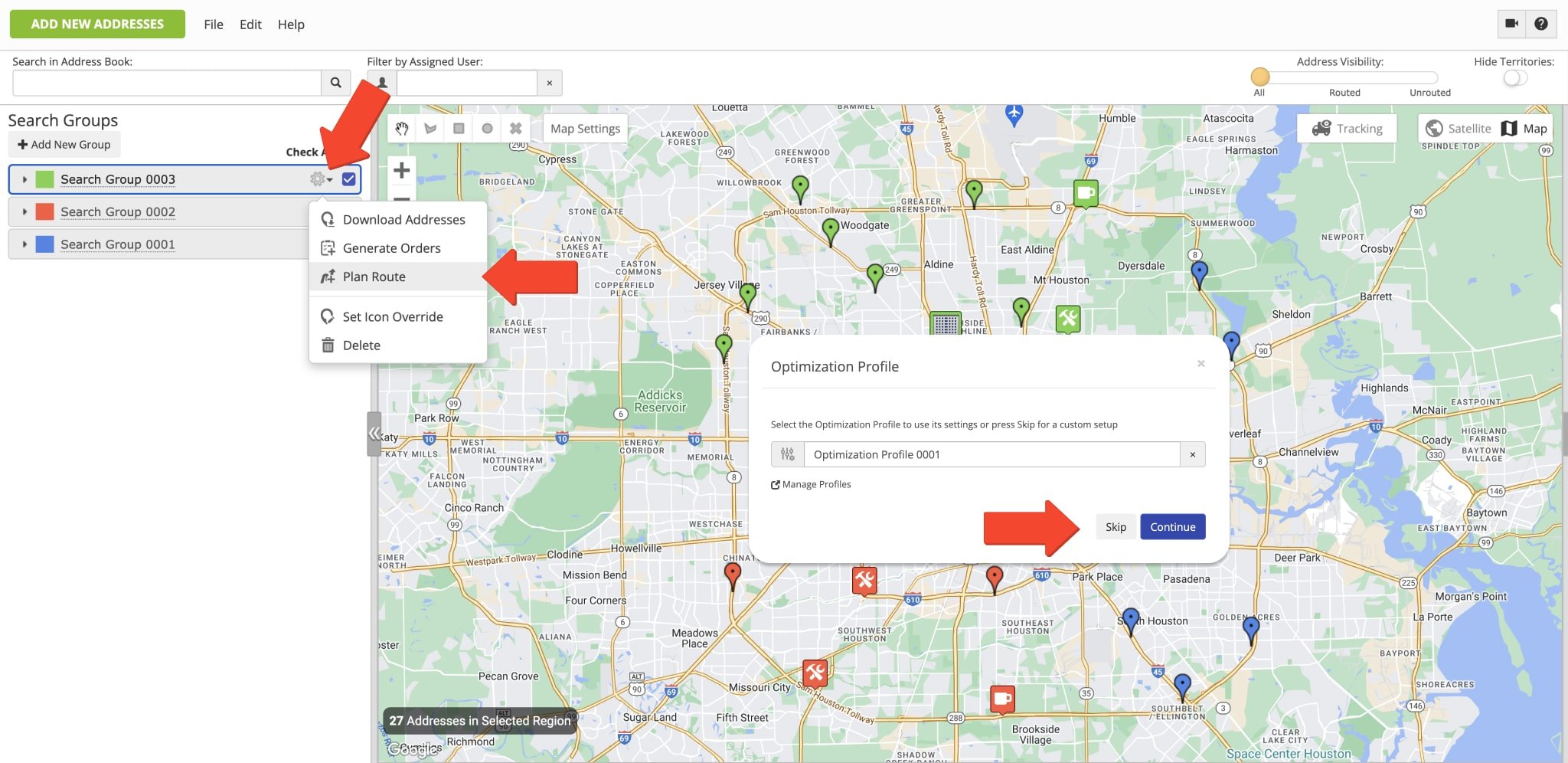 Plan last mile routes with customer addresses and locations filtered on the Address Book Map using Search Groups.