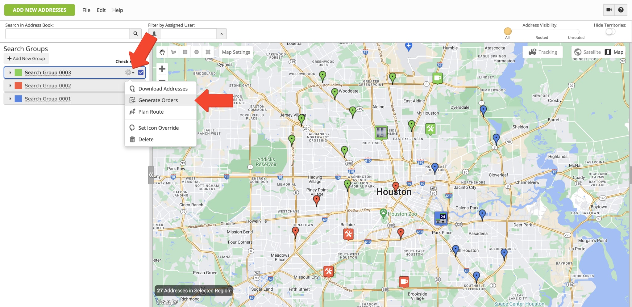 Generate orders with addresses and locations filtered on the Address Book Map using custom Search Groups.
