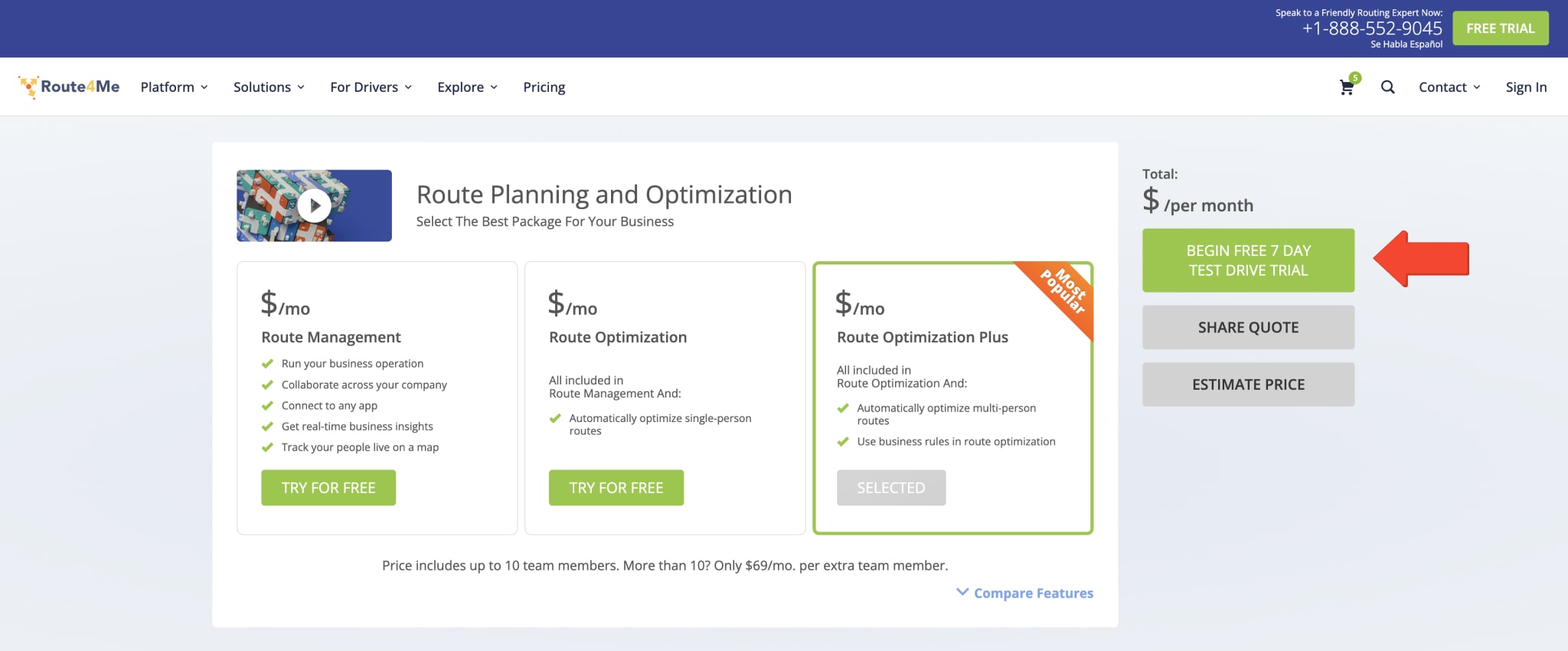 Start a free route planning software trial for 7 days from Route4Me's Pricing page.