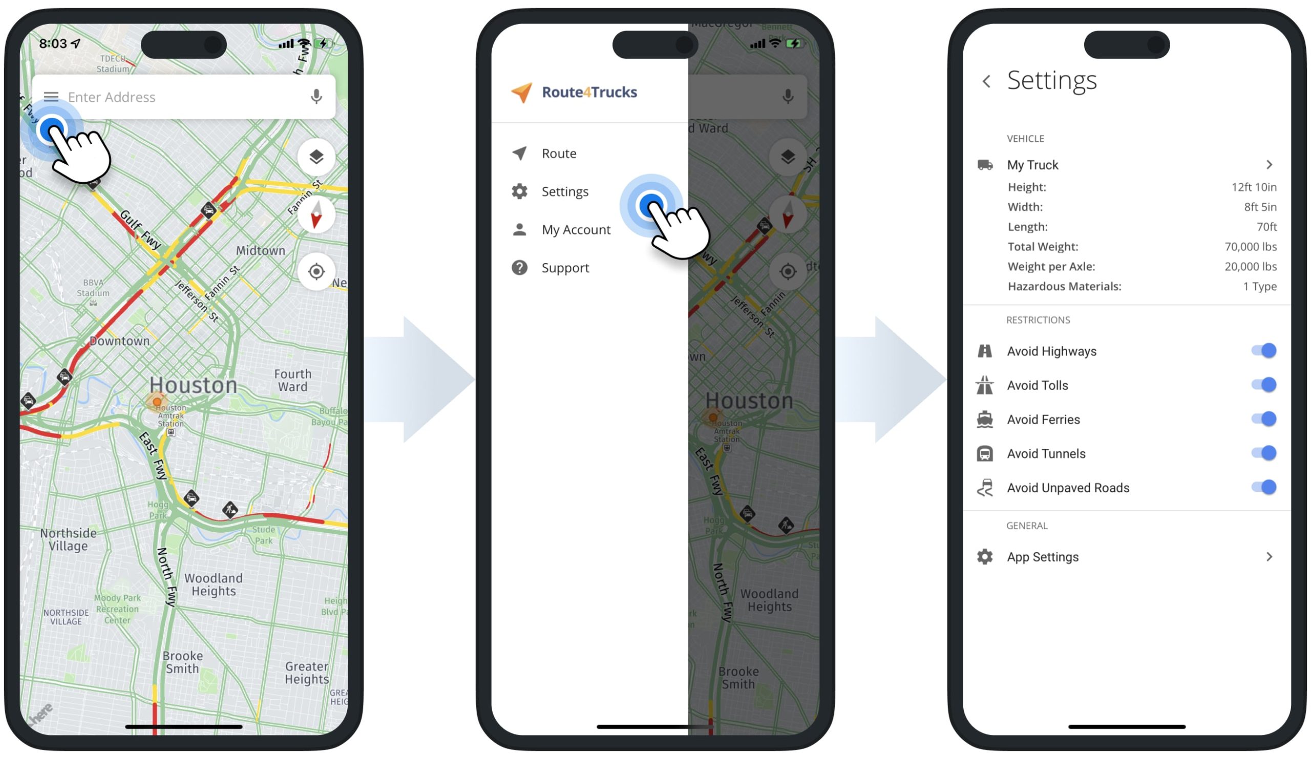 Route4Trucks app settings, commercial vehicle profiles, road restrictions, account, and subscription.