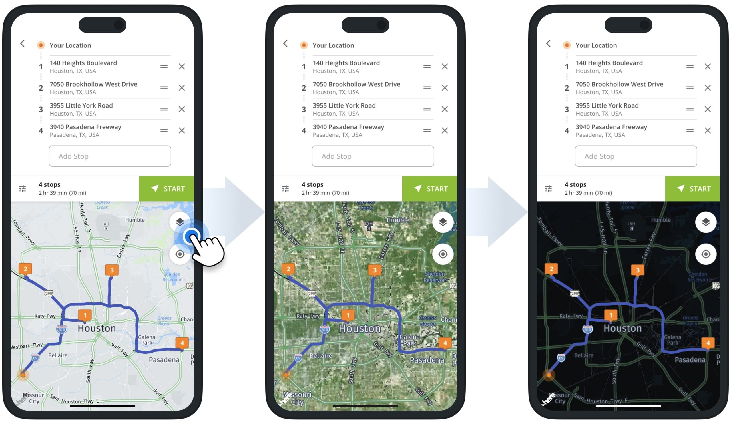 Truck maps settings with regular maps, satellite maps, and dark theme or night mode on the multi-stop truck route planner app.