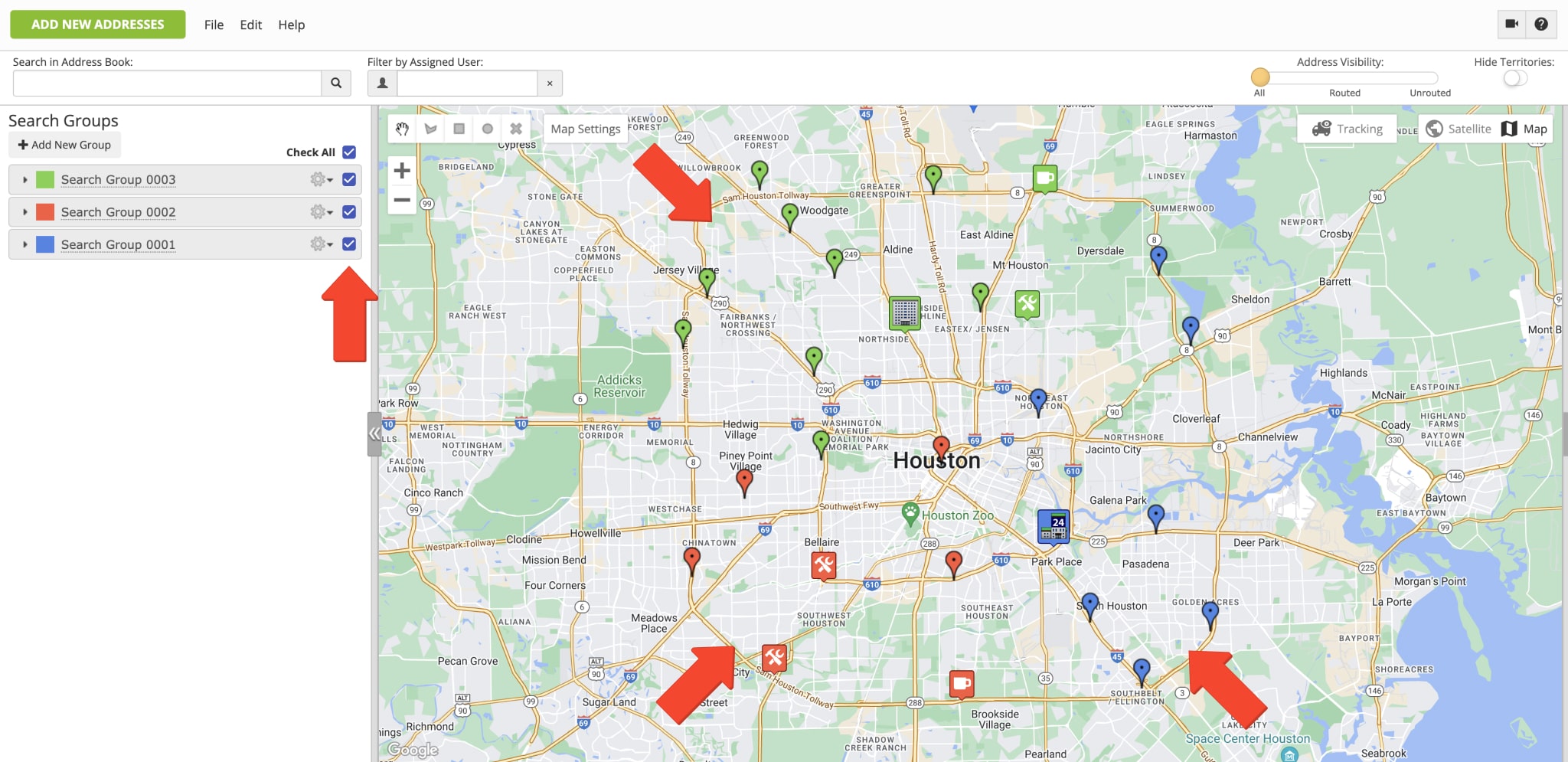 Select Search Groups to filter addresses on the Address Book Map by location, order, customer, and custom attributes.