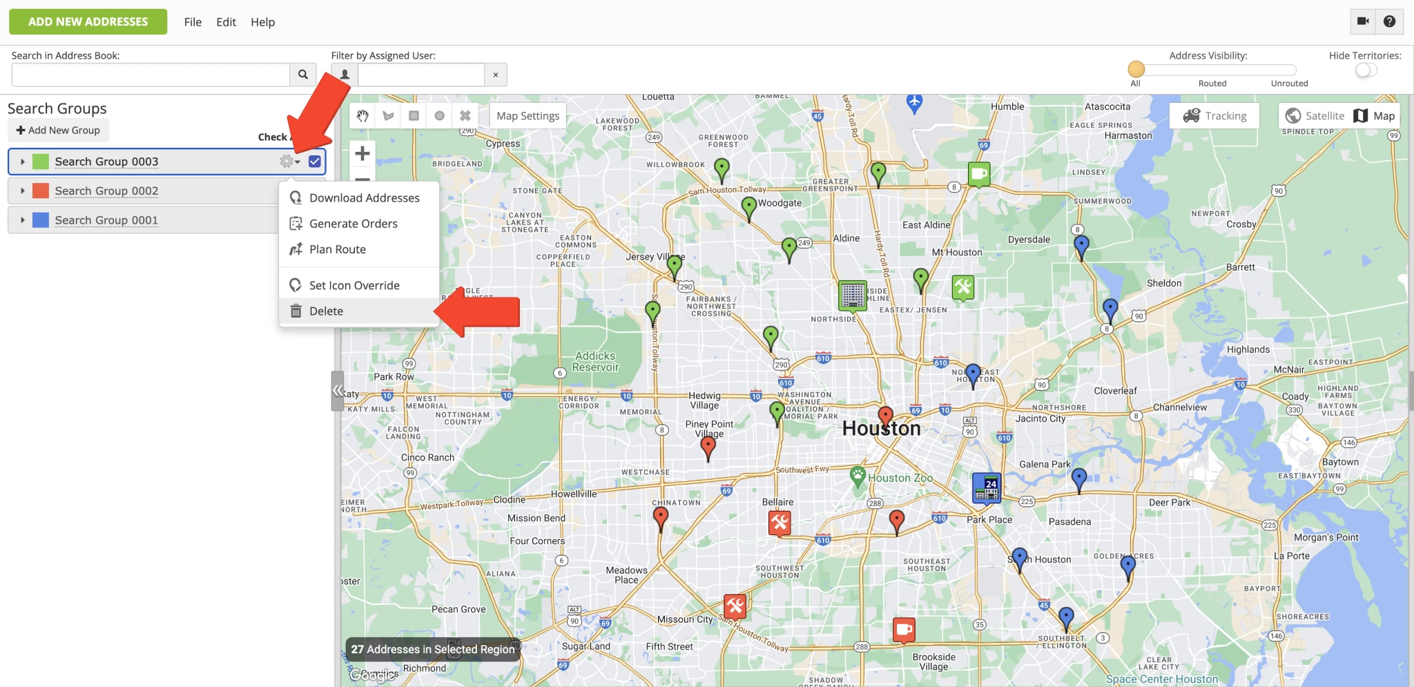 Delete Search Groups on the Address Book Map for last mile route planning and optimization.