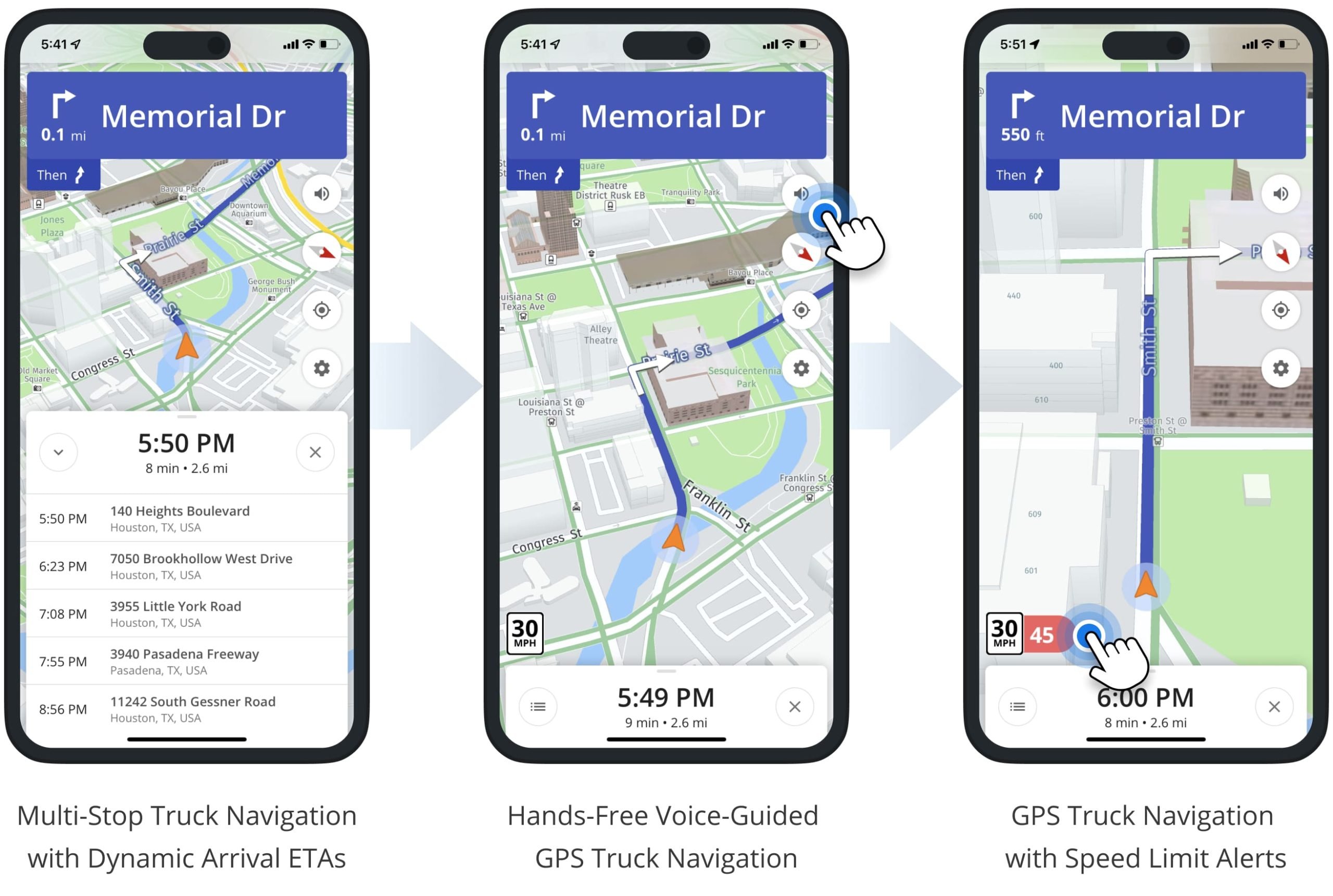 Voice-guided GPS truck navigation with multiple stops, speed alerts, and truck maps for commercial vehicles.