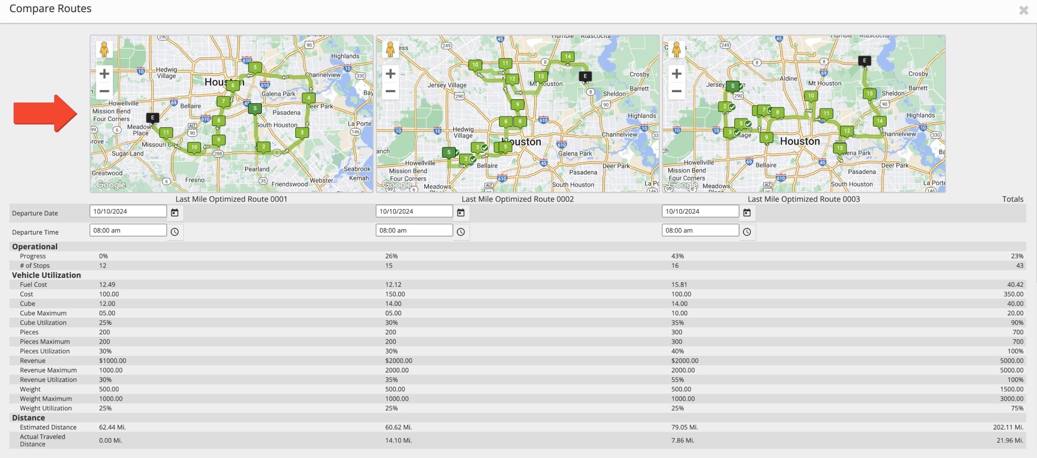 Compare multiple route maps side by side with route directions and zoom on the map to view route details.