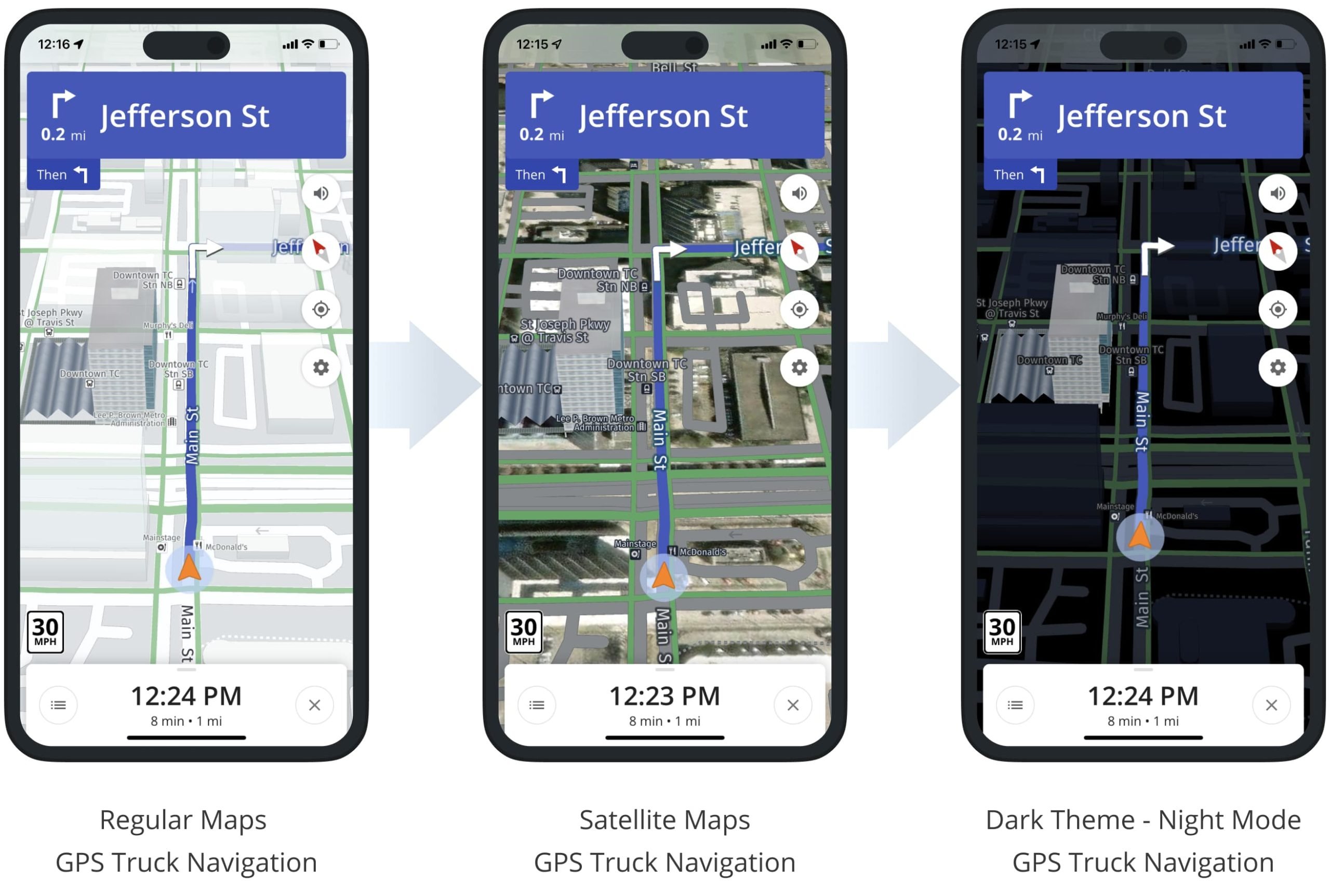 Satellite truck maps, dark theme or night mode truck maps, and regular maps on the truck GPS navigation app for truckers.