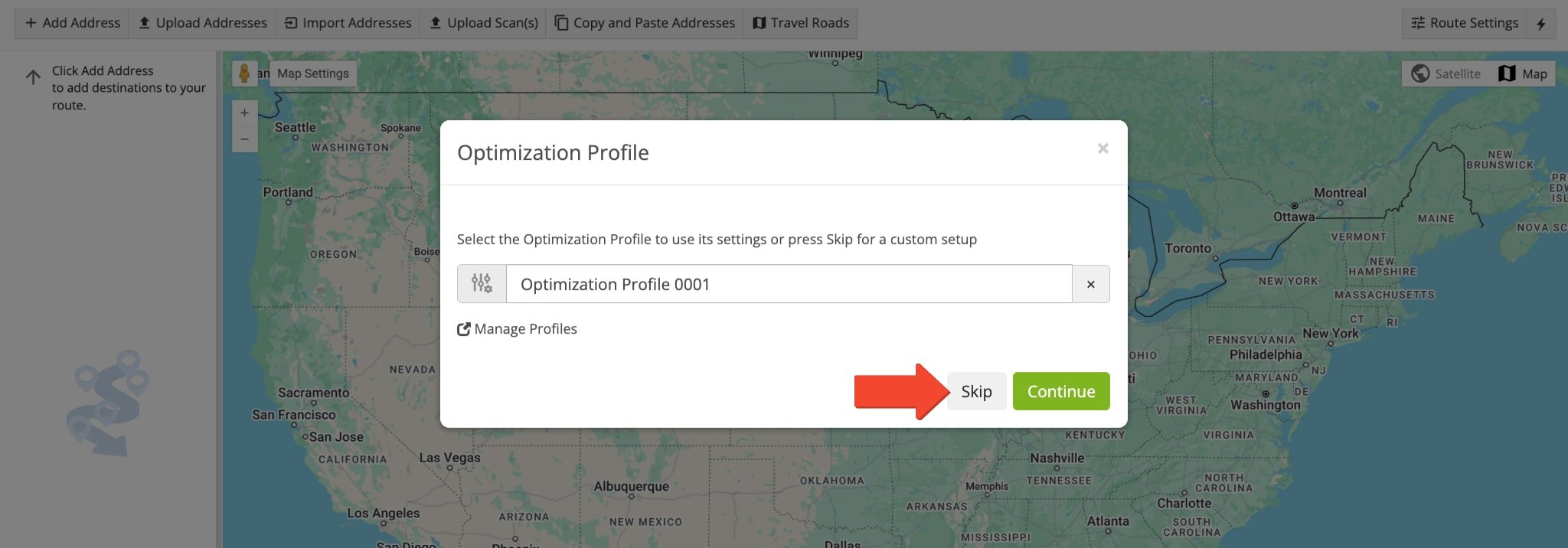 When prompted to select an Optimization Profile, click 'Skip' to access the Route Settings window, where you can manually set constraints.