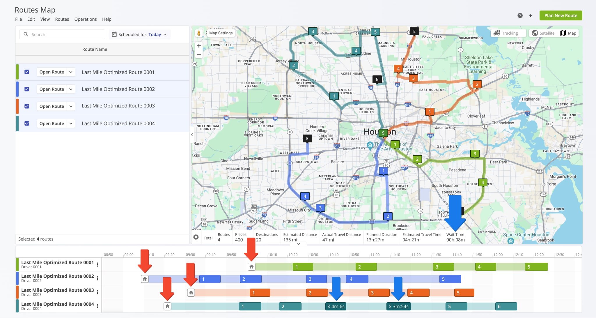 Multiple Routes Map shows scheduled and optimized routes with Flexible Start Time that start at the most optimal time, accounting for stop Time Windows.