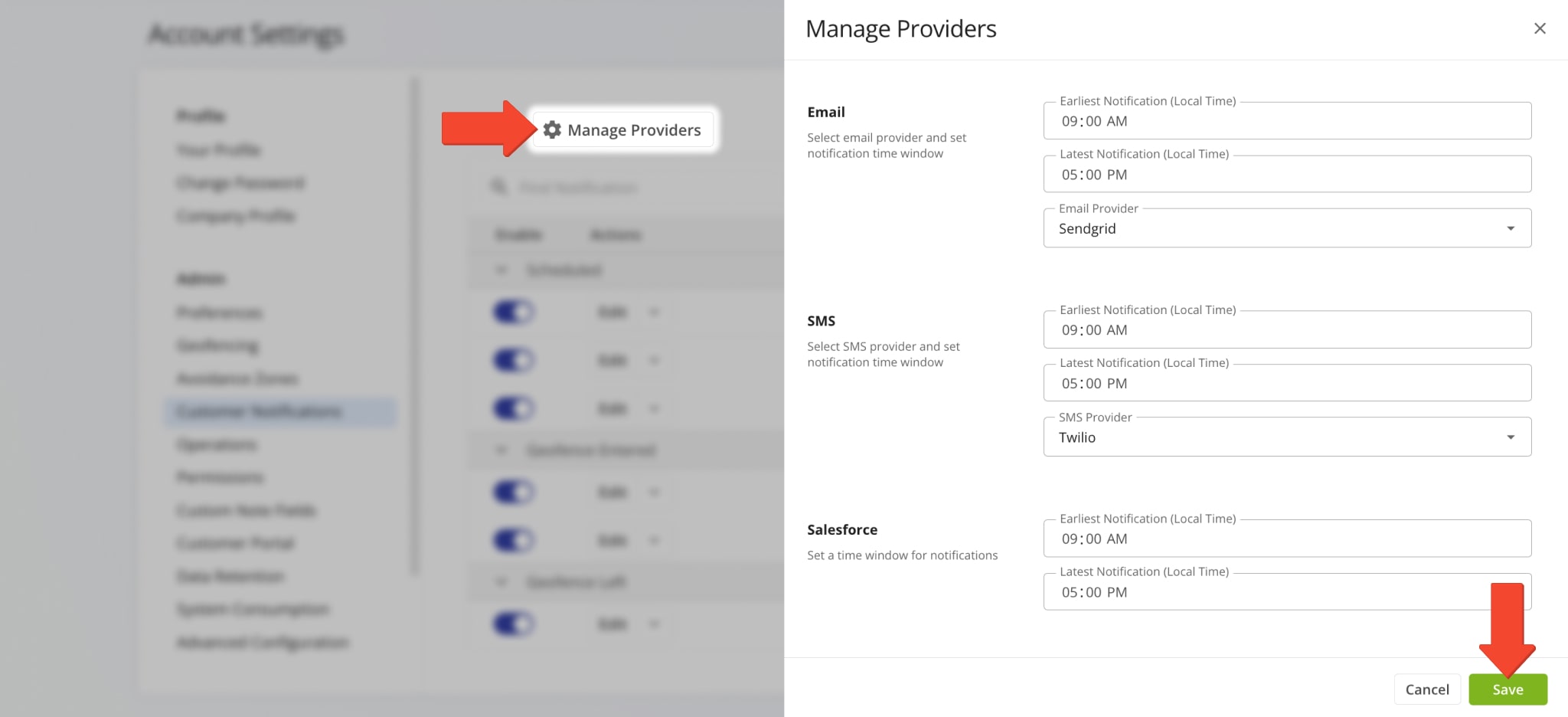 You can also set Time Windows for notifications to make sure customers receive them only at appropriate times or during business hours.