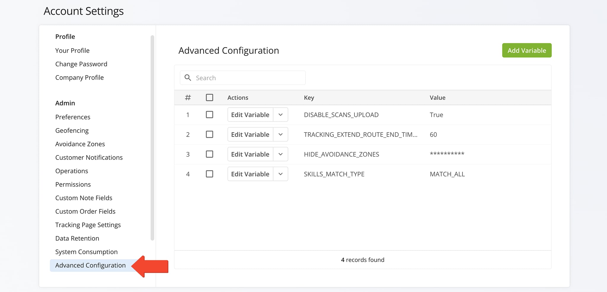 Open Route4Me's Advanced Configuration Editor for customizing Route4Me route optimization account features.