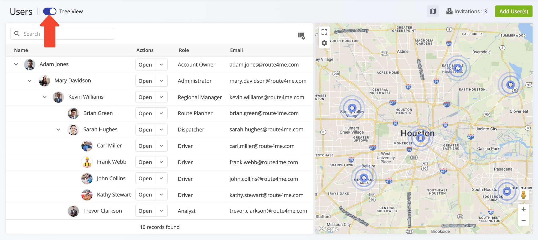 Enable Tree View to visualize your Route4Me Last Mile Transportation team hierarchy and reporting structure.
