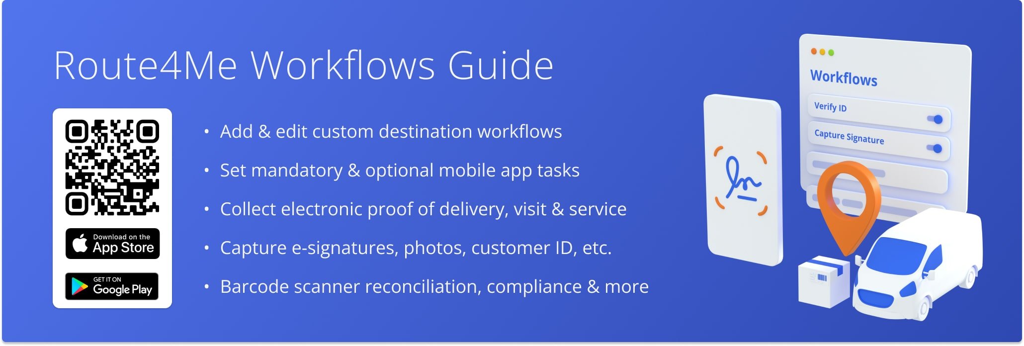 Route4Me Workflows: proof of delivery, visit, and service workflows with mandatory and optional mobile driver tasks.