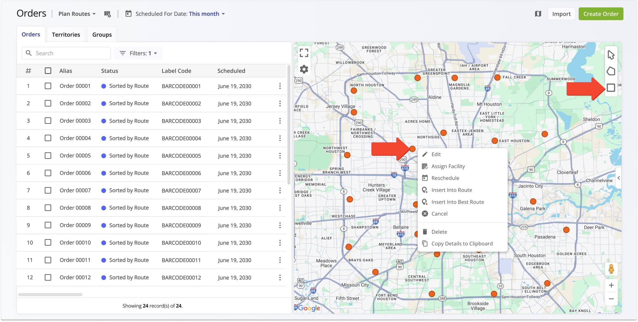 Easily plan routes with orders by drawing a shape around the preferred orders on the Orders Map and seamlessly planning a route.