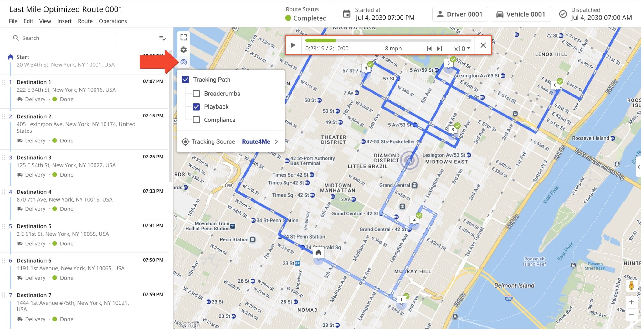 Route4Me's GPS fleet tracking enables you to view a playback of the assigned user or vehicle's tracking history. To open the Playback Player, check the Playback box in the Tracking Options menu.
