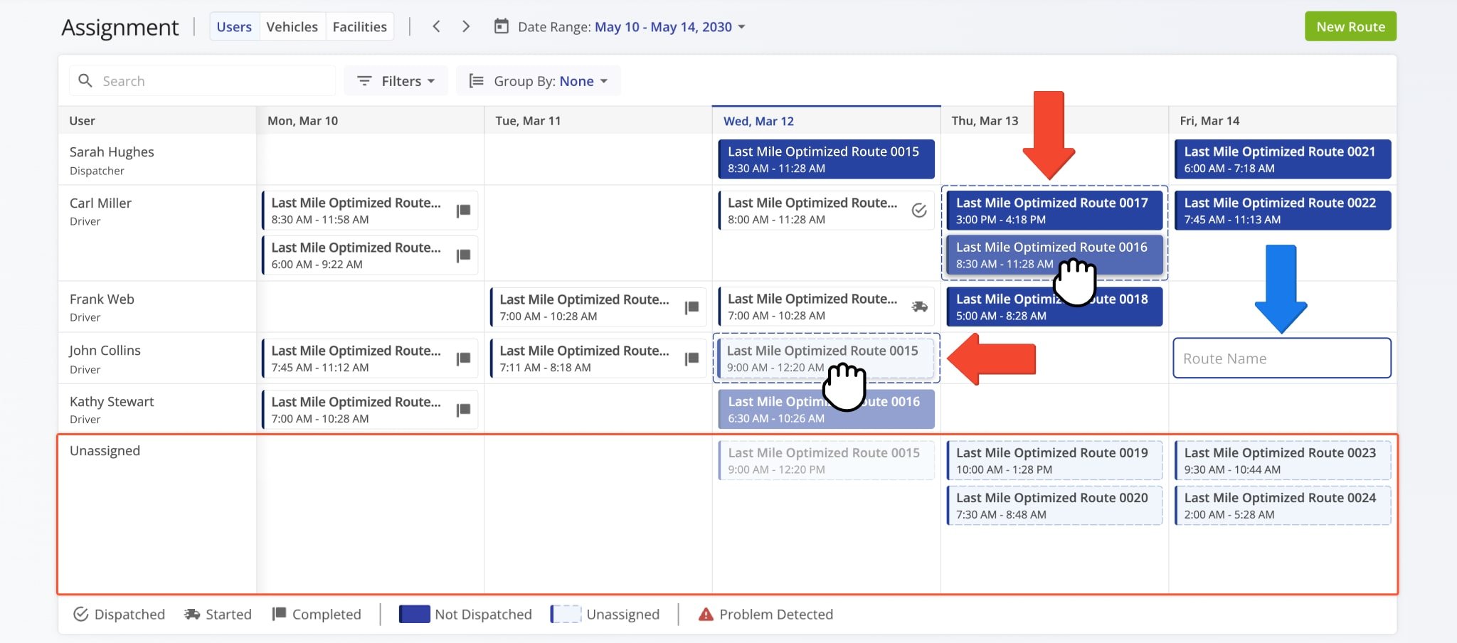 Unassigned routes can be dragged and dropped into a user's schedule for assignment.