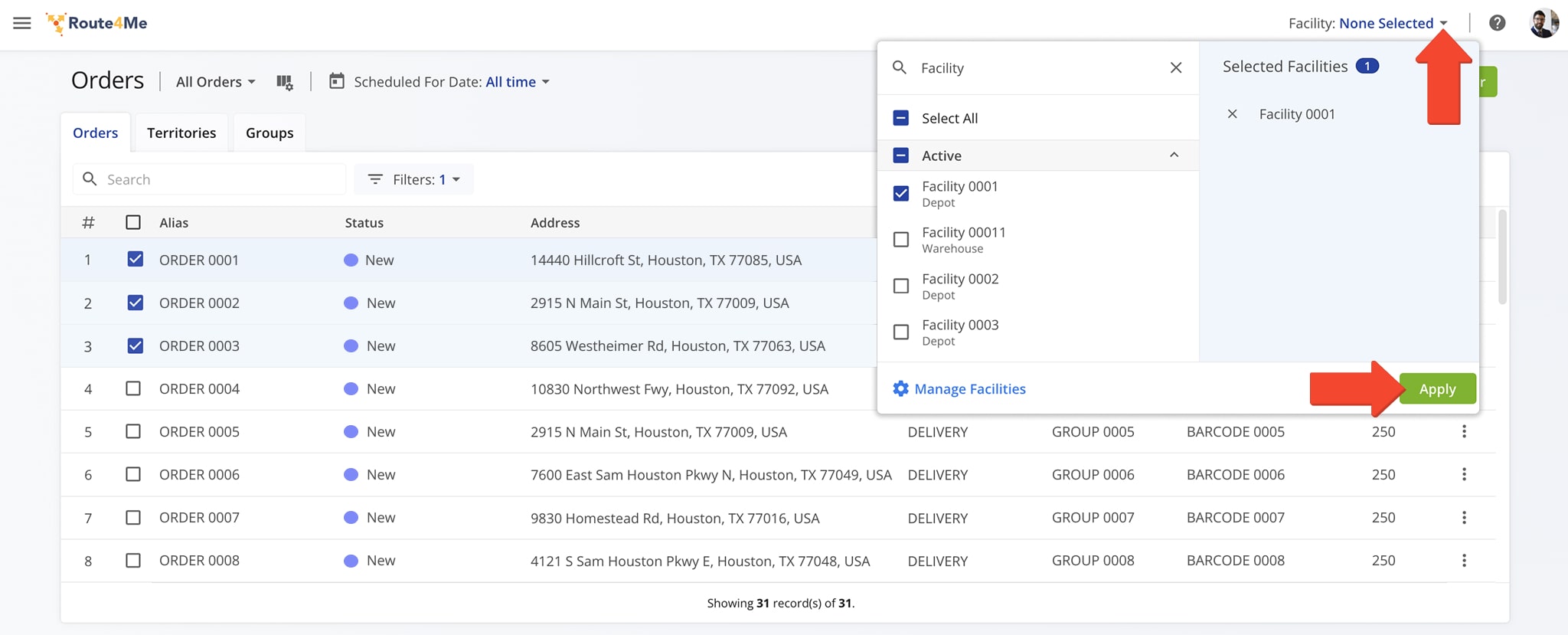 Select a facility from the pull down menu to assign to your orders.