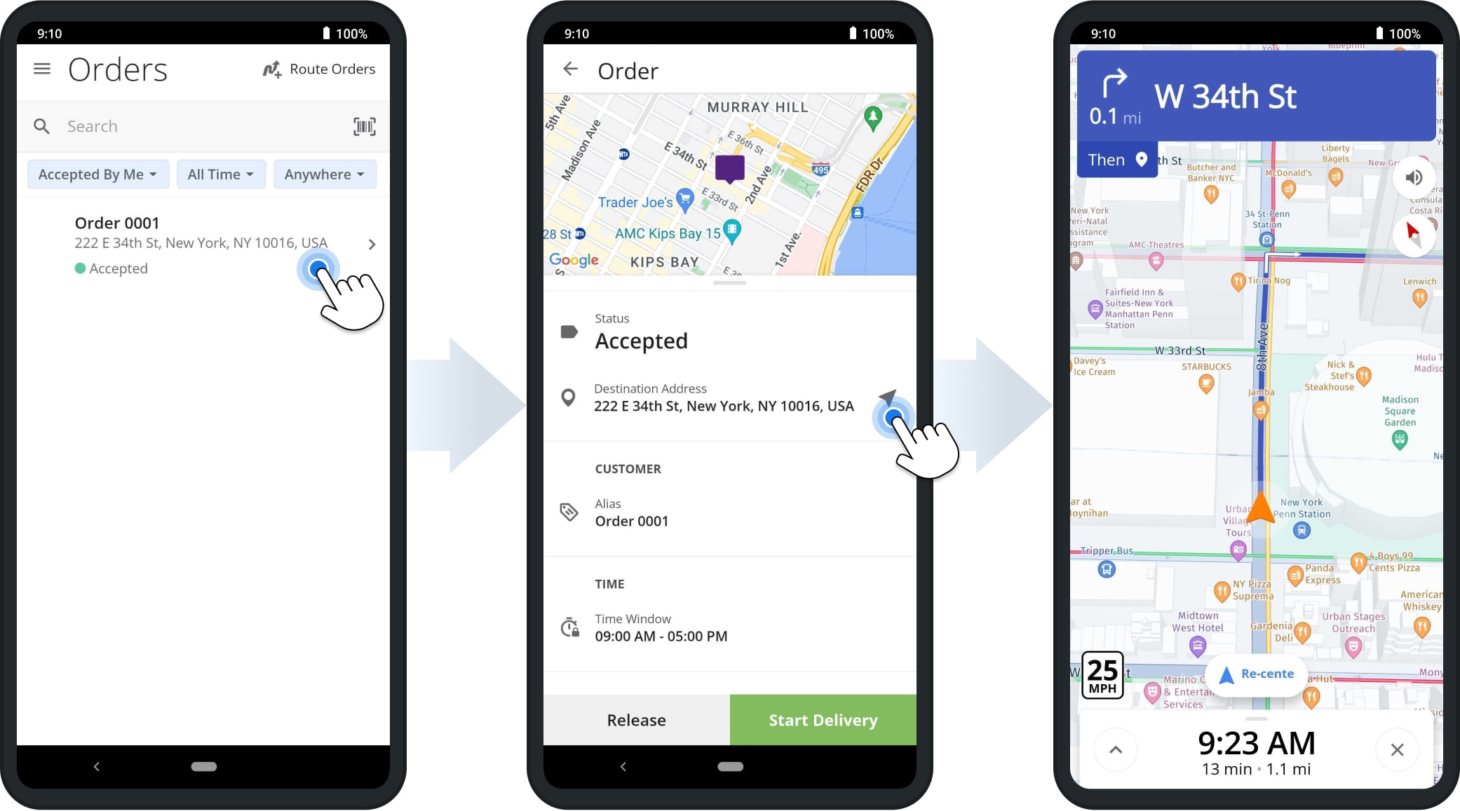 After accepting an order, use Route4Me’s in-app navigation by tapping the Arrow Icon next to the Destination Address to access optimized directions and seamlessly navigate to the customer’s location for order fulfillment.