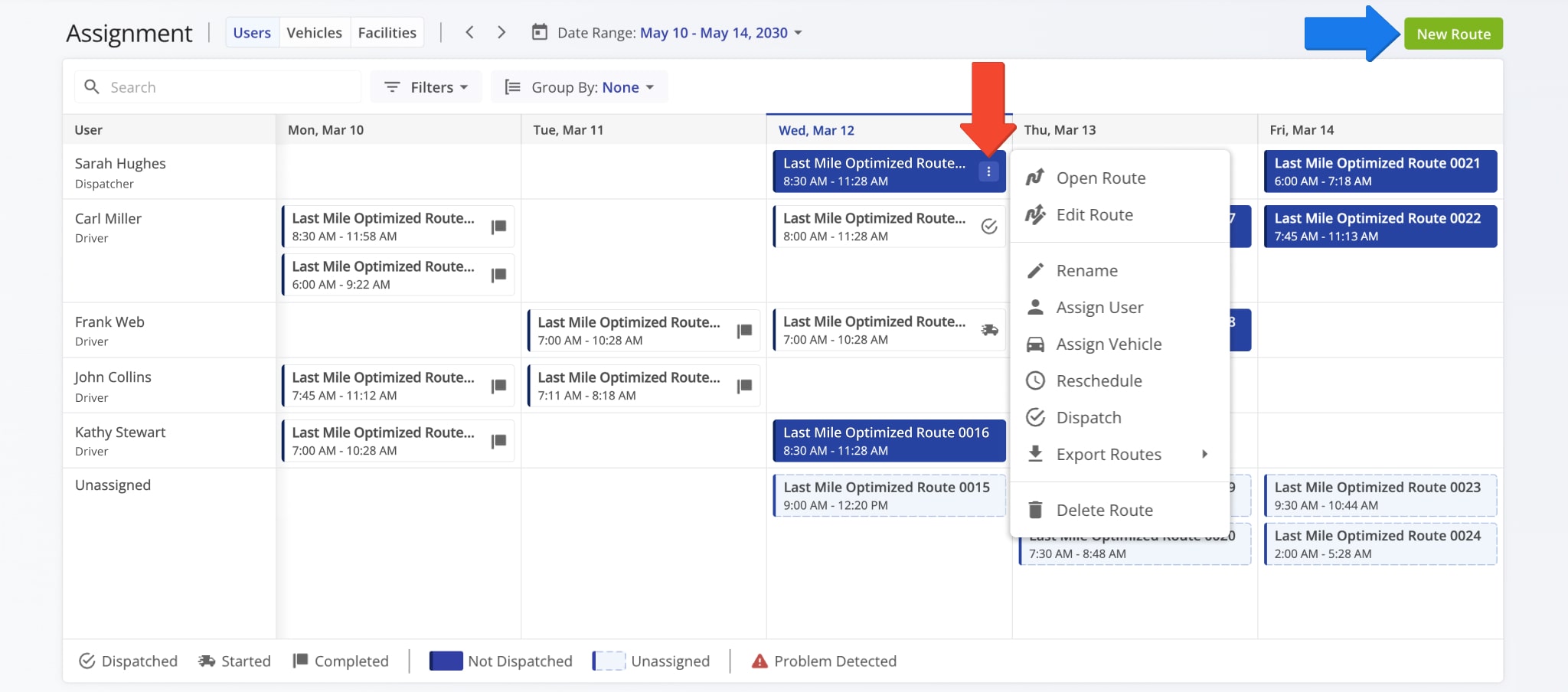 Edit routes and perform various actions when you click the Three-dot Icon next to a route name.
