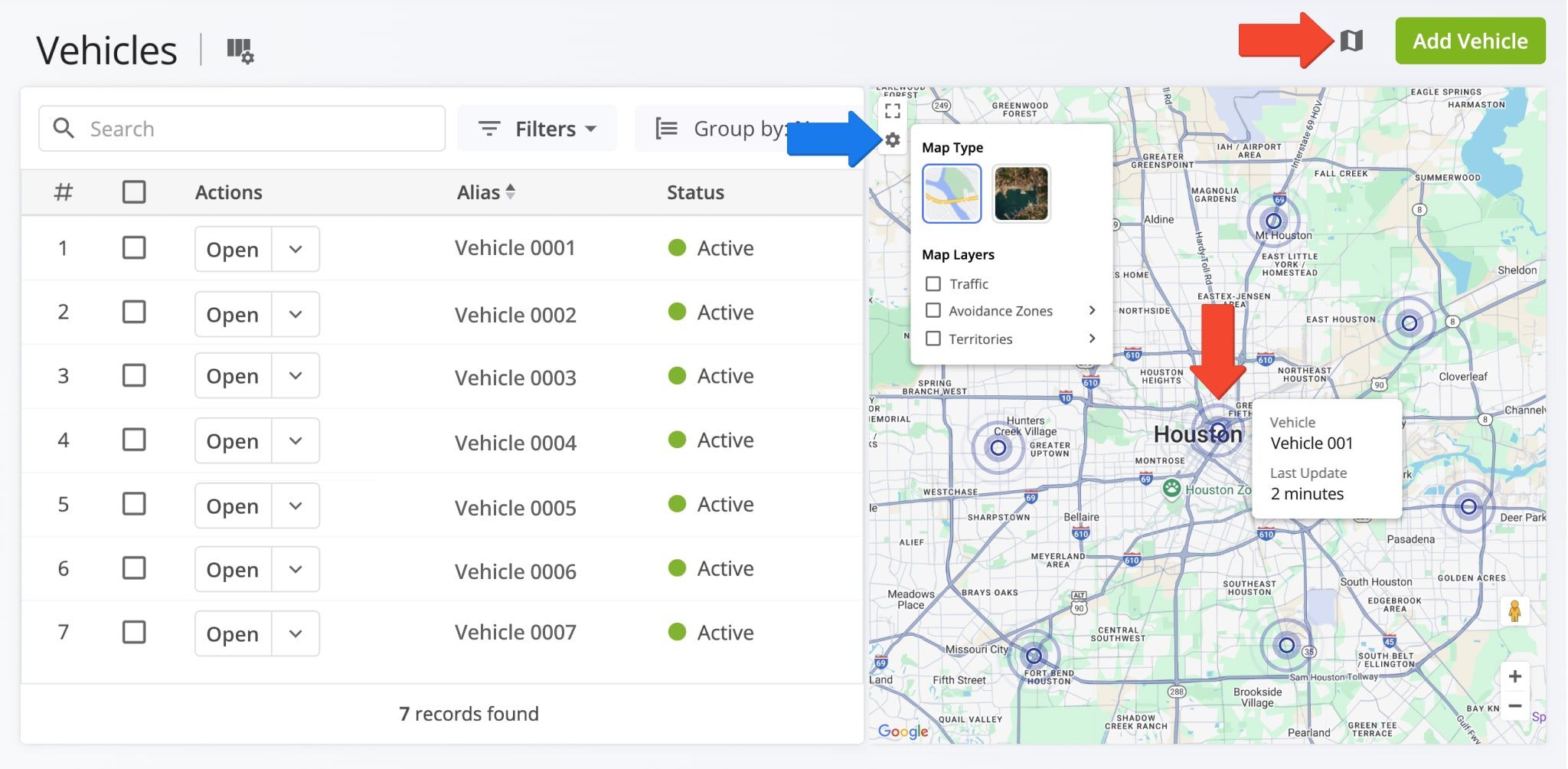 Route4Me enables you see your active vehicles on the map with GPS location updates. To do so, simply click the Vehicles Map button in the top-right.