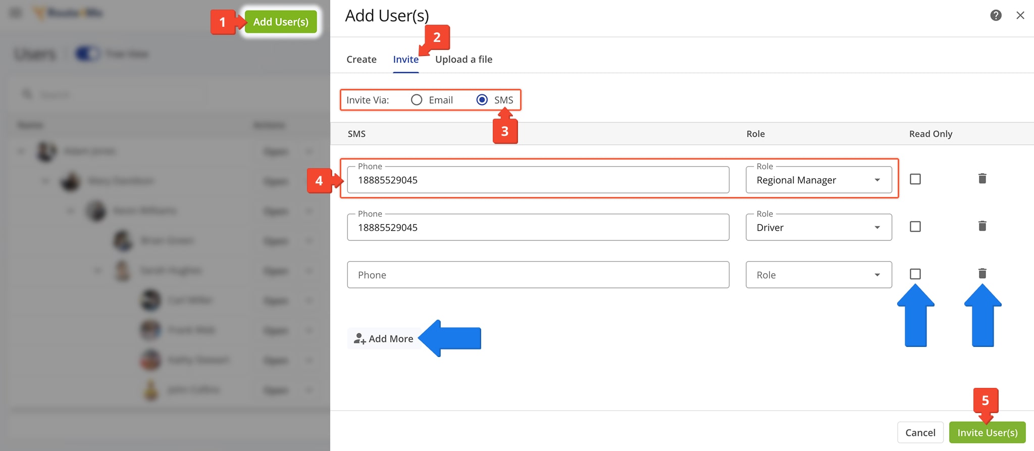 Send SMS invites to drivers, route planners, dispatchers, and other team members to join your Route4Me company account.