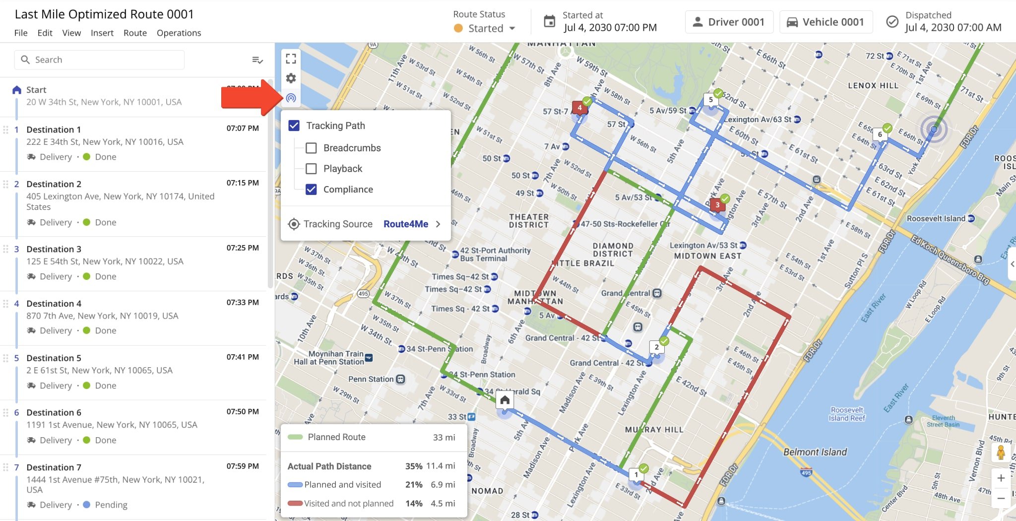 Route4Me's GPS route compliance tracking enables you to see if planned routes are followed, when and where deviations and detours occur, how much of the planned route was completed, and more.