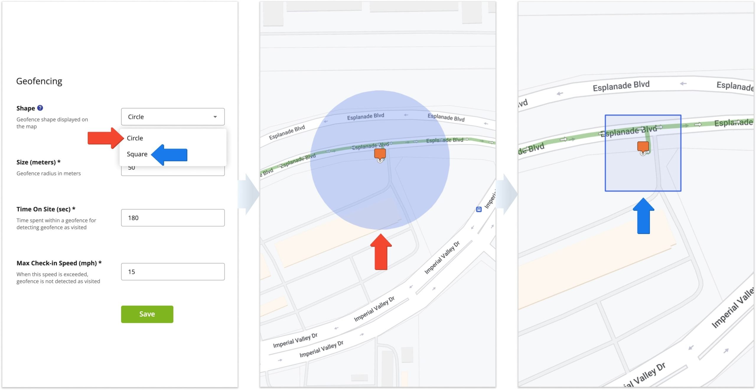 You can select your Geofence Type between square and circle, depending on your routing or tracking needs.