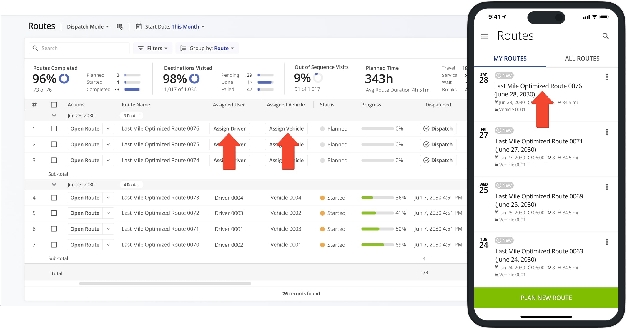 You can dispatch optimized routes to drivers and vehicles. 