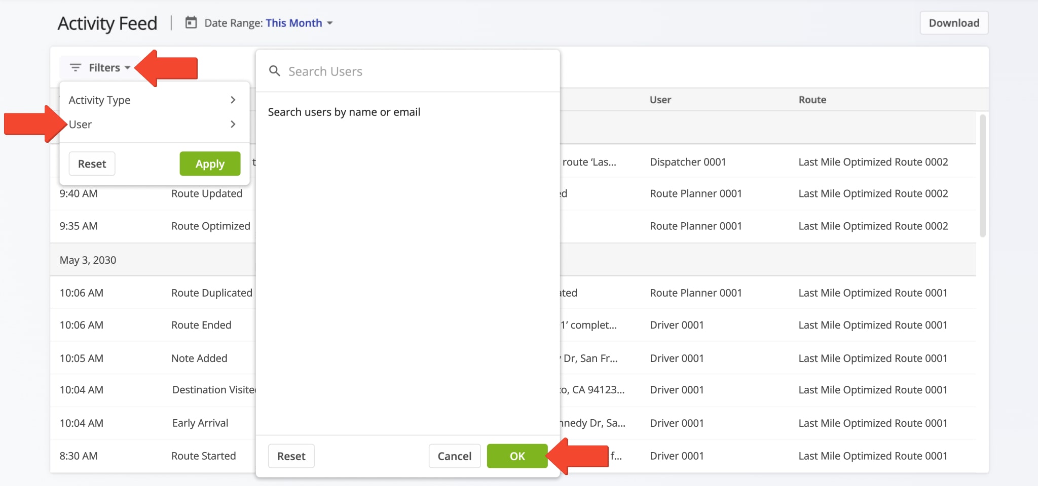 For more convenience and efficiency, you can filter all events in your Activity Feed. Specifically, you can filter activities by a particular team member, activity type, and date range.