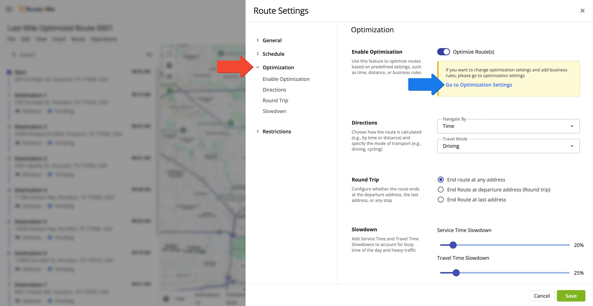 In the 'Optimization' section, you can adjust route settings such as the travel mode, final Destination type, Traffic Slowdown and Service Time Slowdown, etc.