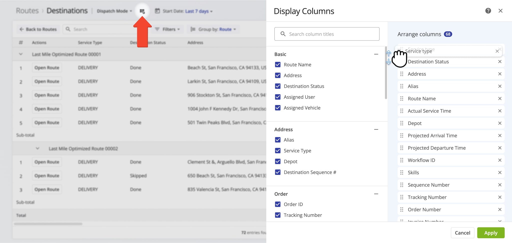 You can easily customize the data on your Destinations List with custom destination data columns and adjust the sequence of these columns.