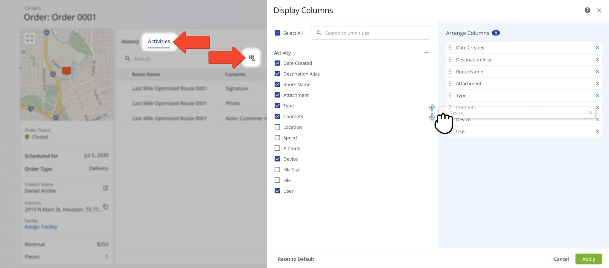 Customize order data by selecting columns to display.
