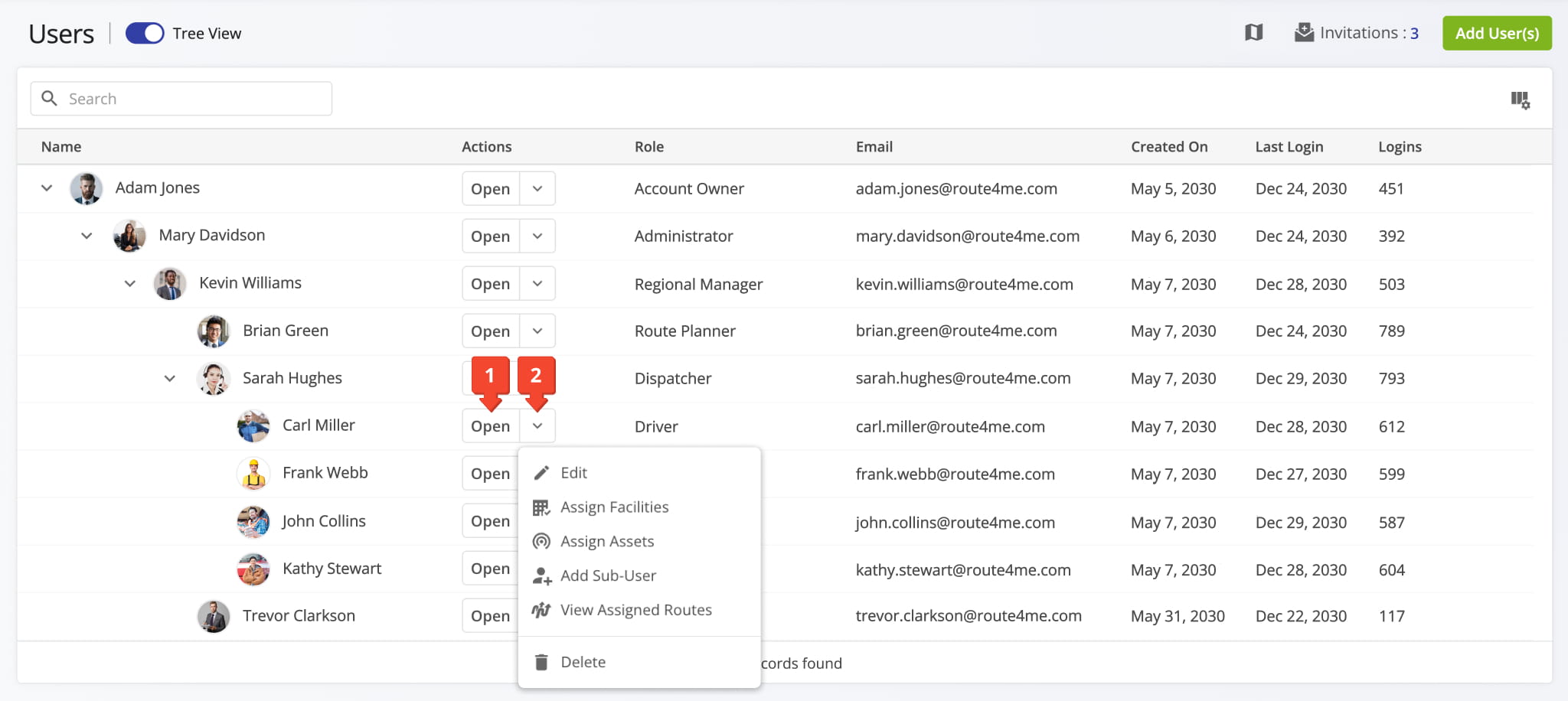 Edit accounts and profiles of drivers, route planners, dispatchers, and other team members.