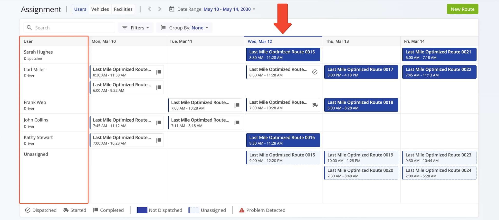 The Assignment Dashboard shows a list of users and their assigned routes, organized by date in a calendar view.
