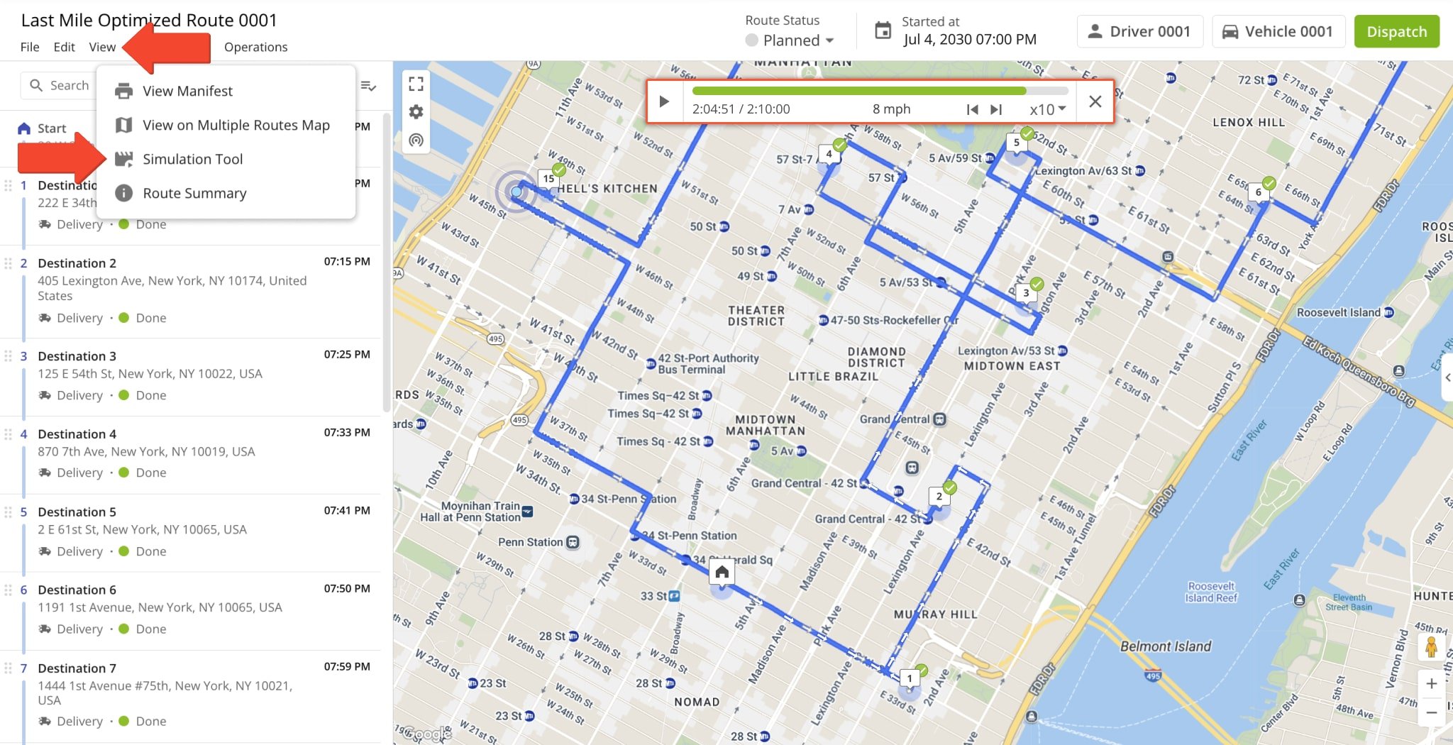Route4Me's GPS tracking system enables you to simulate a route before starting it. This provides a visual representation of how the planned route will be driven before it starts.